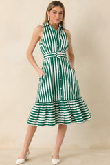 Prosperina Lourdes Green Stripe Cotton Sleeveless Midi Dress