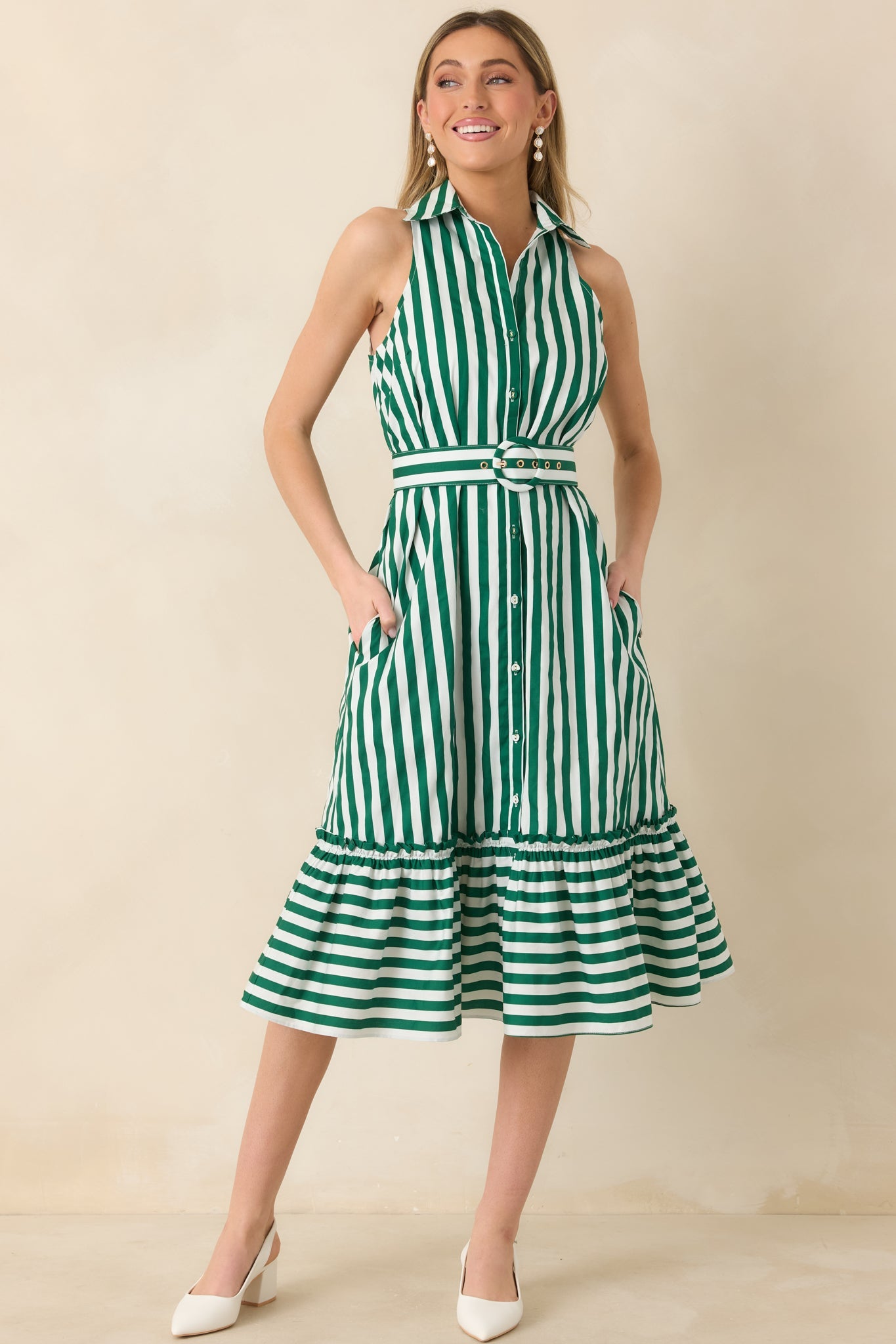 Prosperina Lourdes Green Stripe Cotton Sleeveless Midi Dress