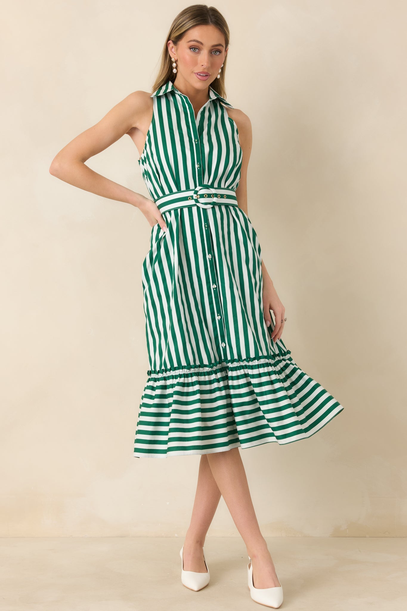 Prosperina Lourdes Green Stripe Cotton Sleeveless Midi Dress