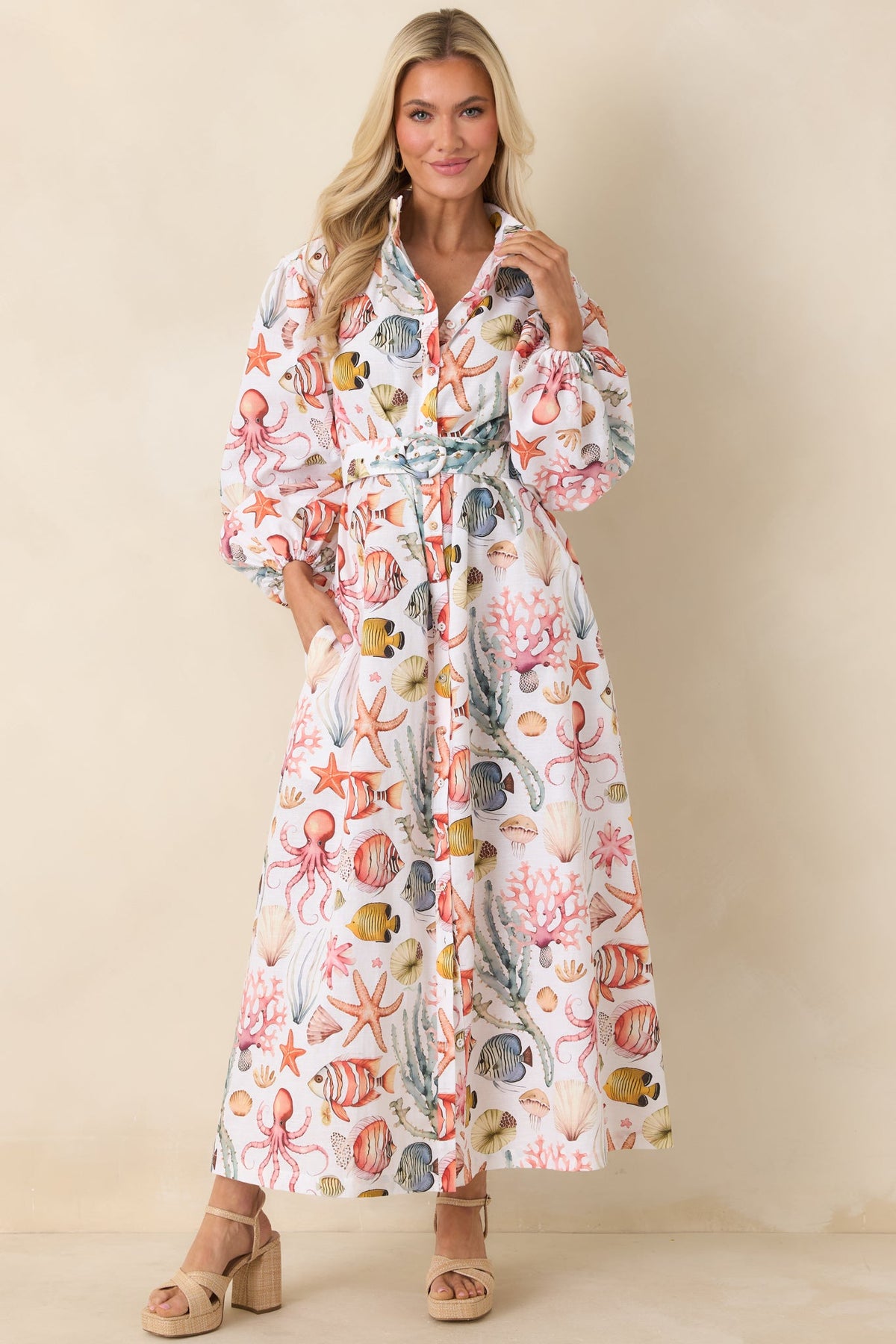 Paradisa Anna Maria Multi Linen Coastal Print Maxi Dress