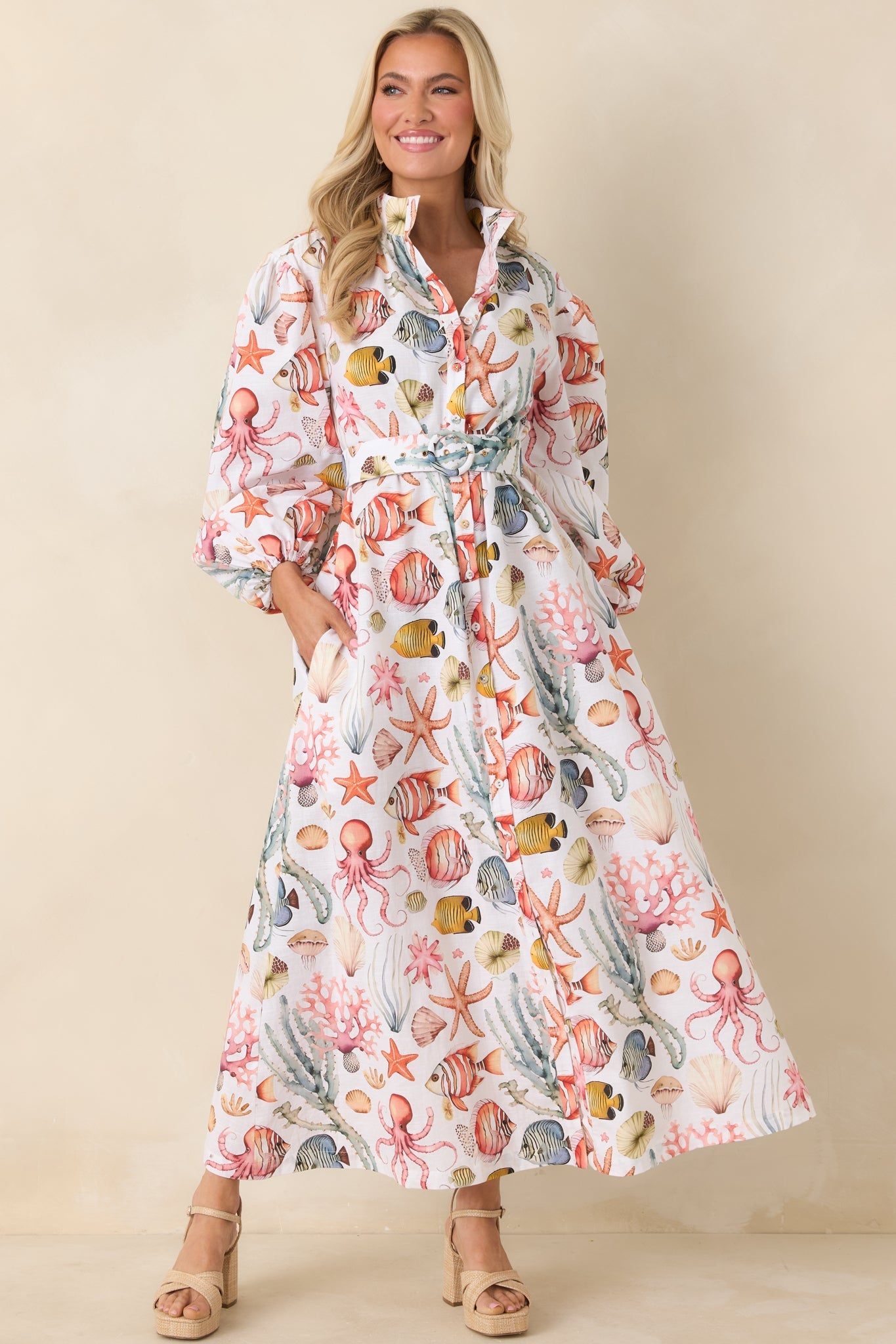 Paradisa Anna Maria Multi Linen Coastal Print Maxi Dress