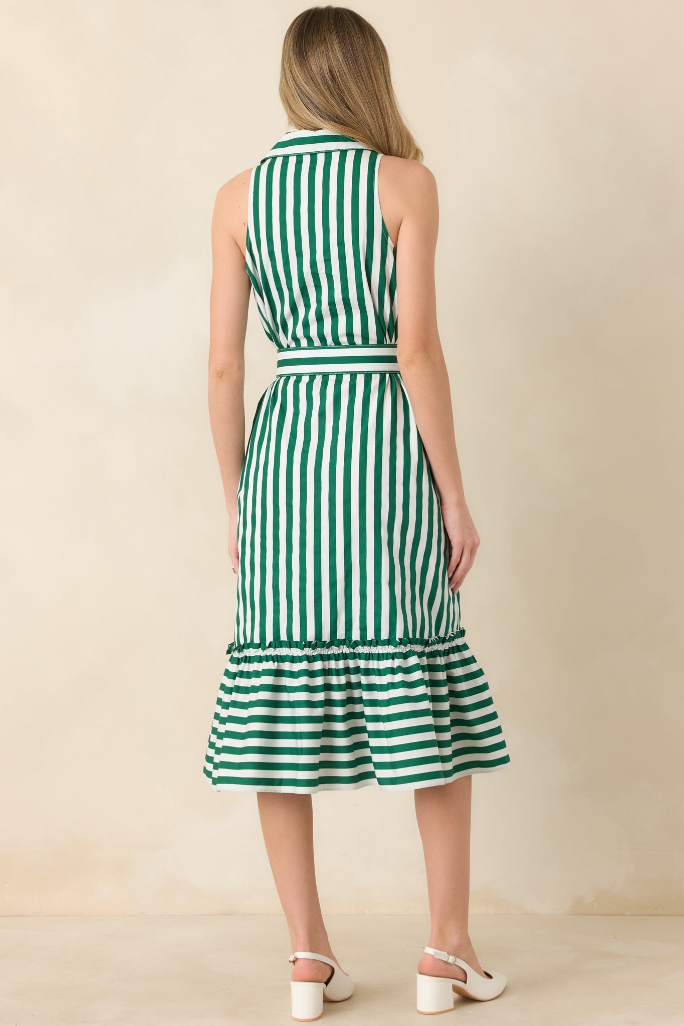 Prosperina Lourdes Green Stripe Cotton Sleeveless Midi Dress