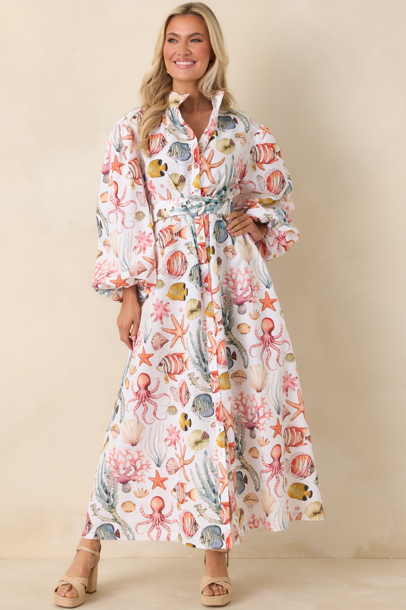 Paradisa Anna Maria Multi Linen Coastal Print Maxi Dress