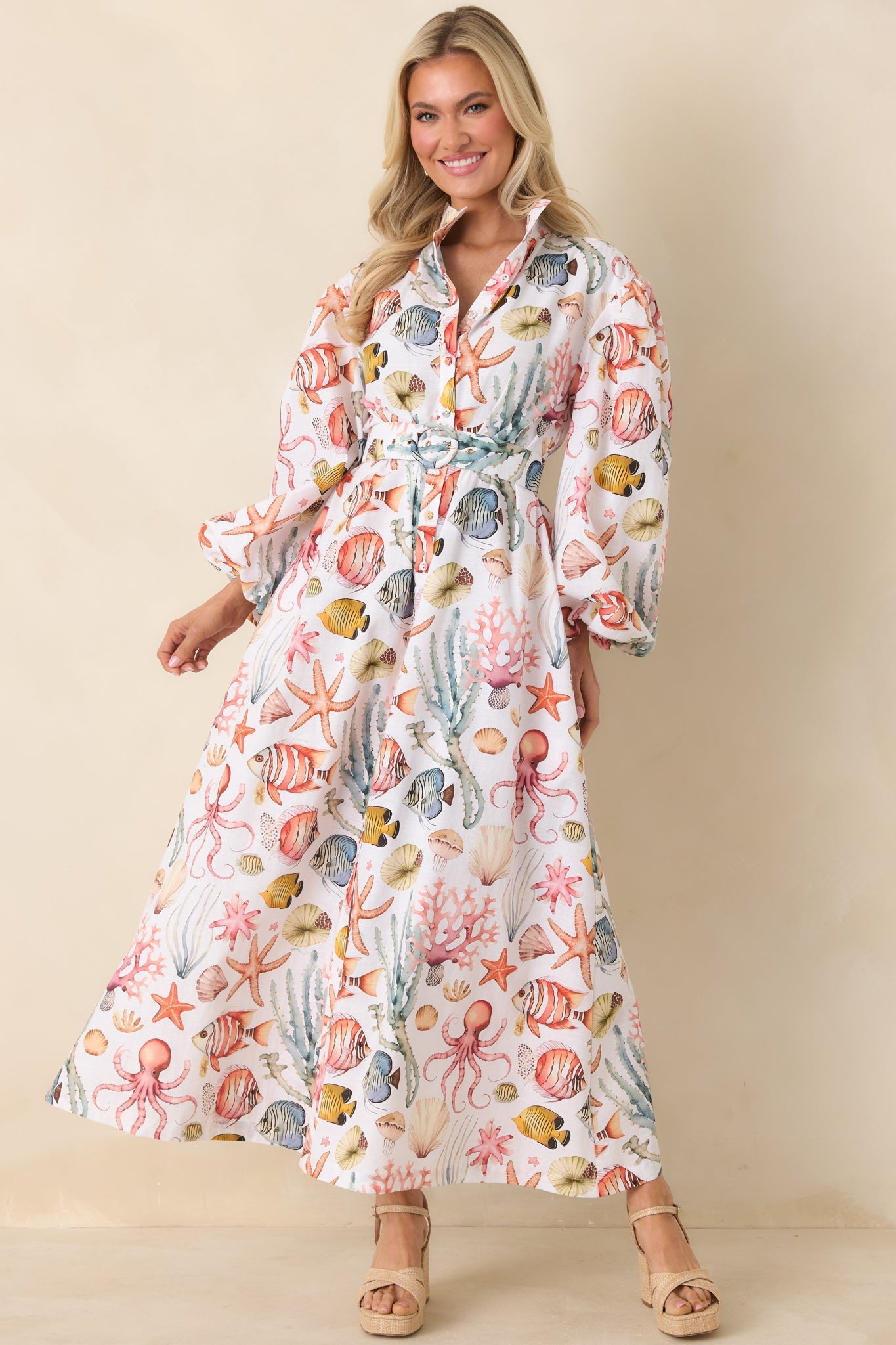 Paradisa Anna Maria Multi Linen Coastal Print Maxi Dress