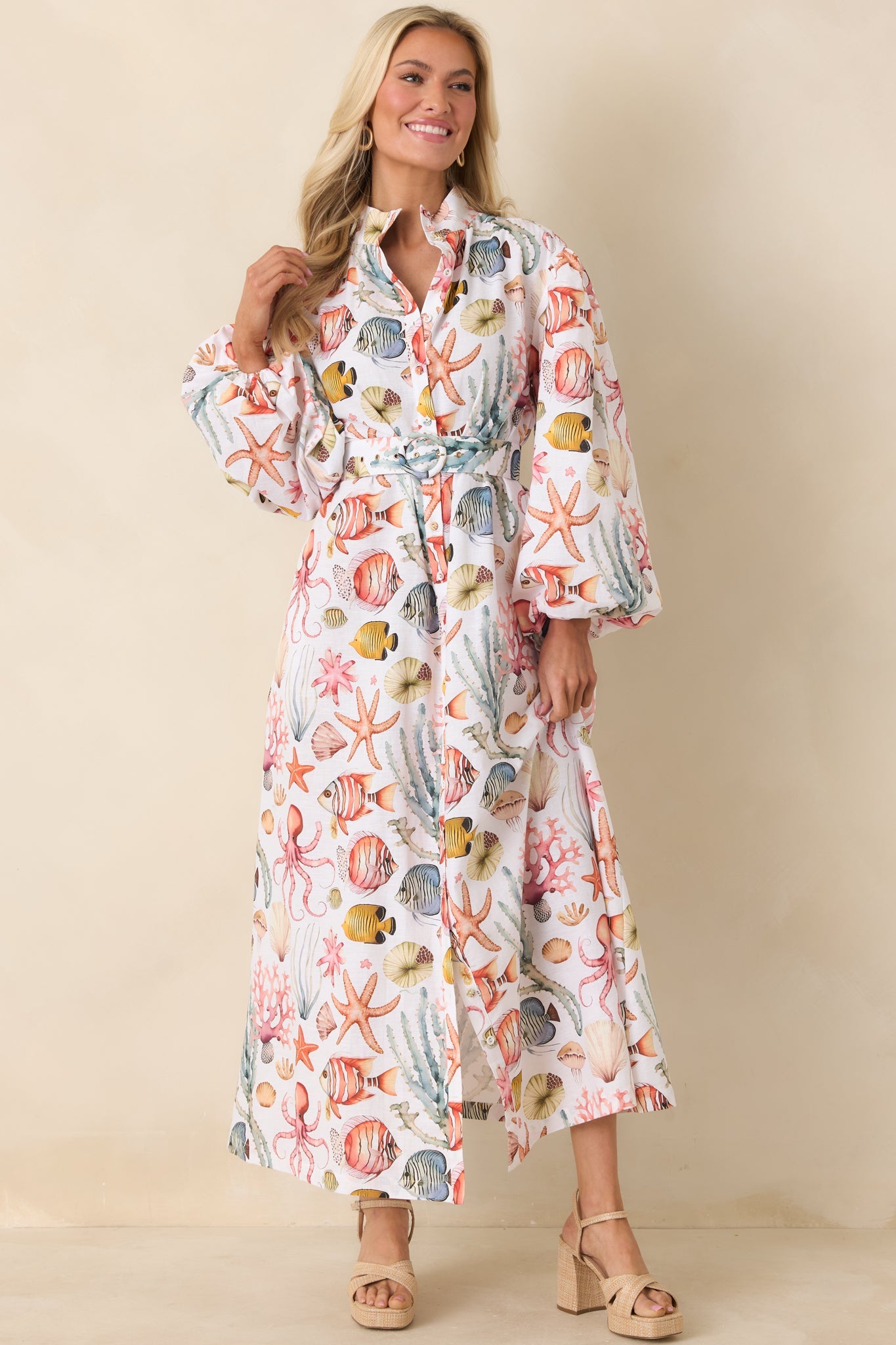 Paradisa Anna Maria Multi Linen Coastal Print Maxi Dress