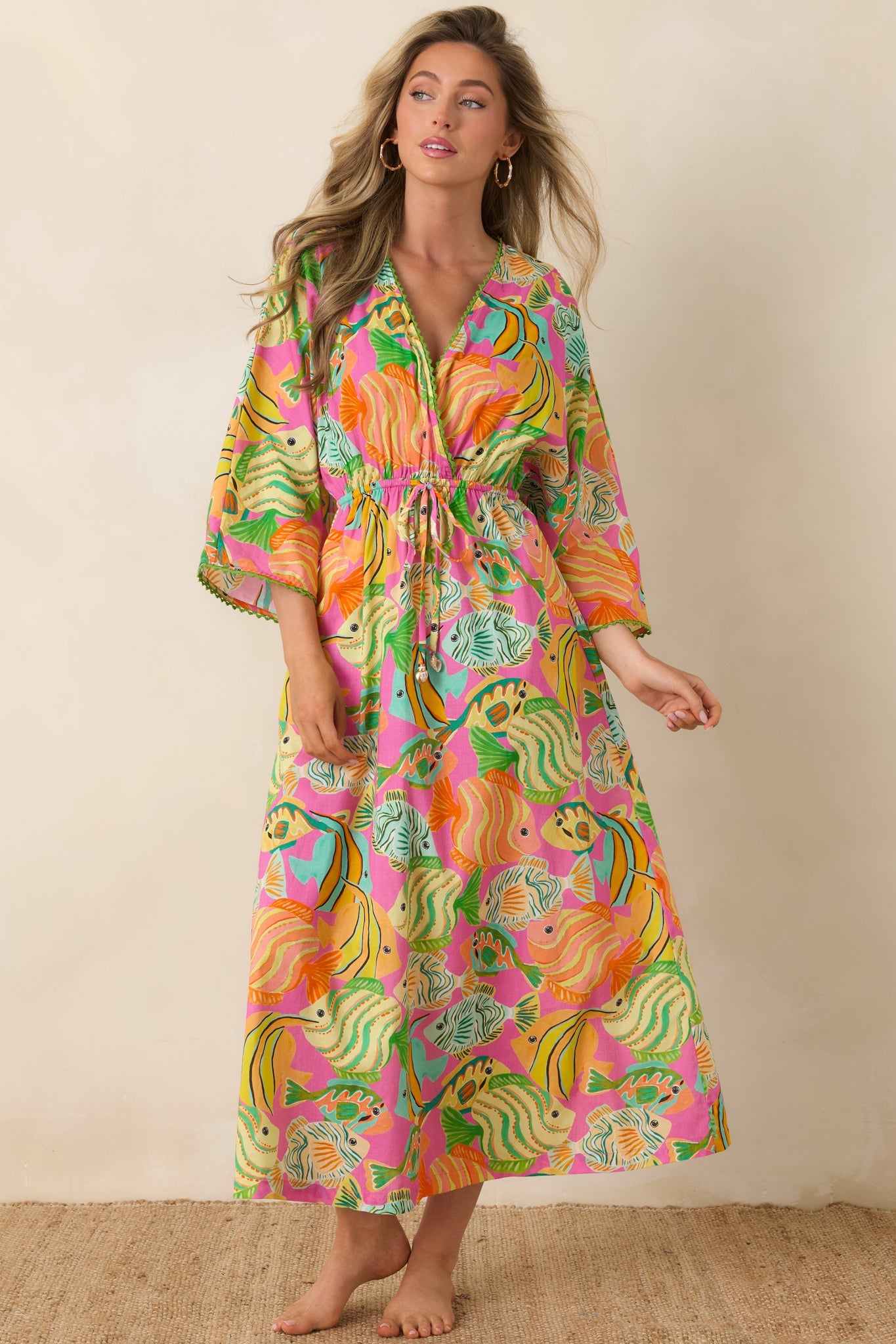 Paradisa Cabana Pink Multi Cotton Fish Print Caftan Dress