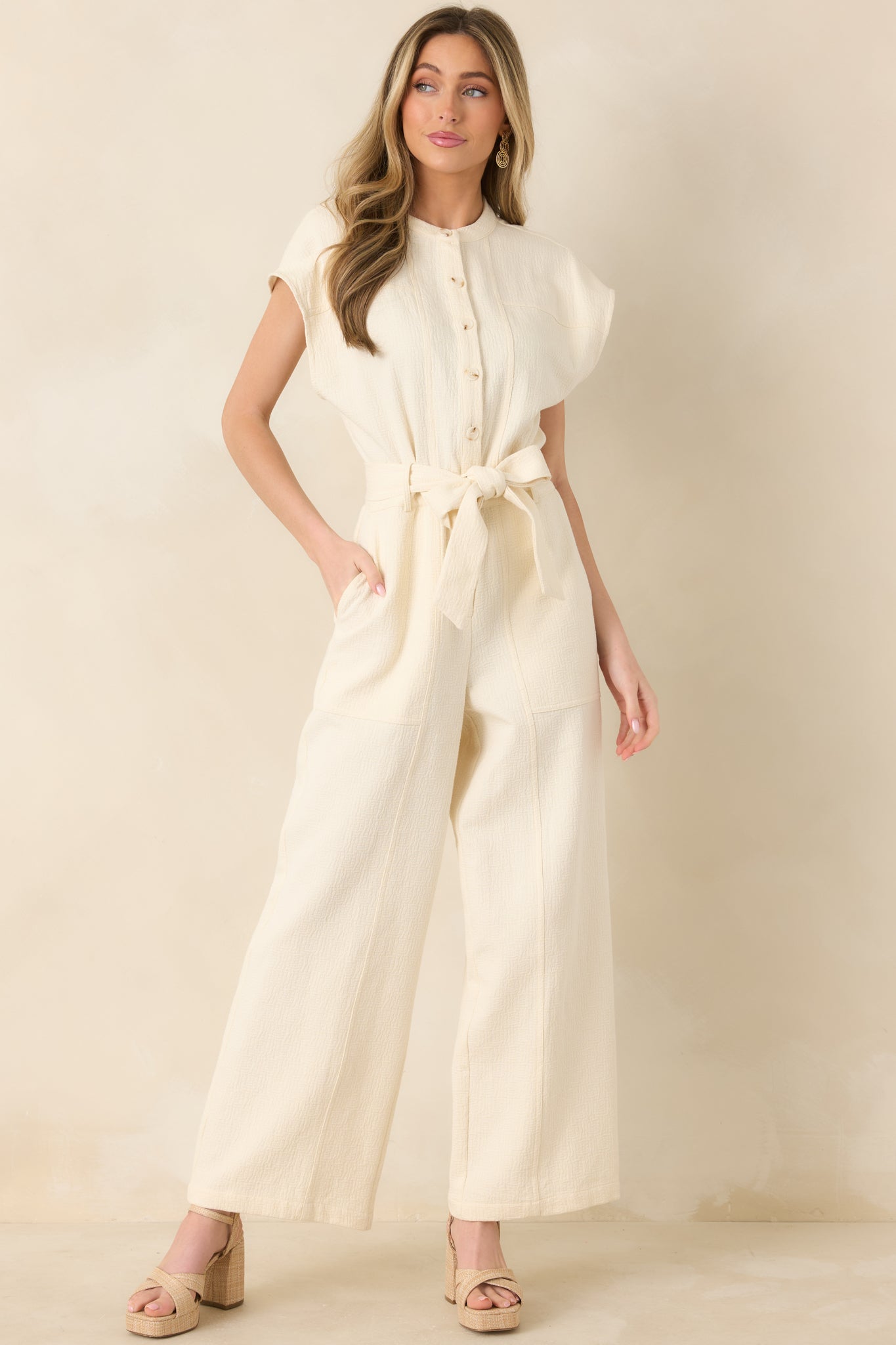 FRNCH Celestia Ivory Textured Cotton Jumpsuit