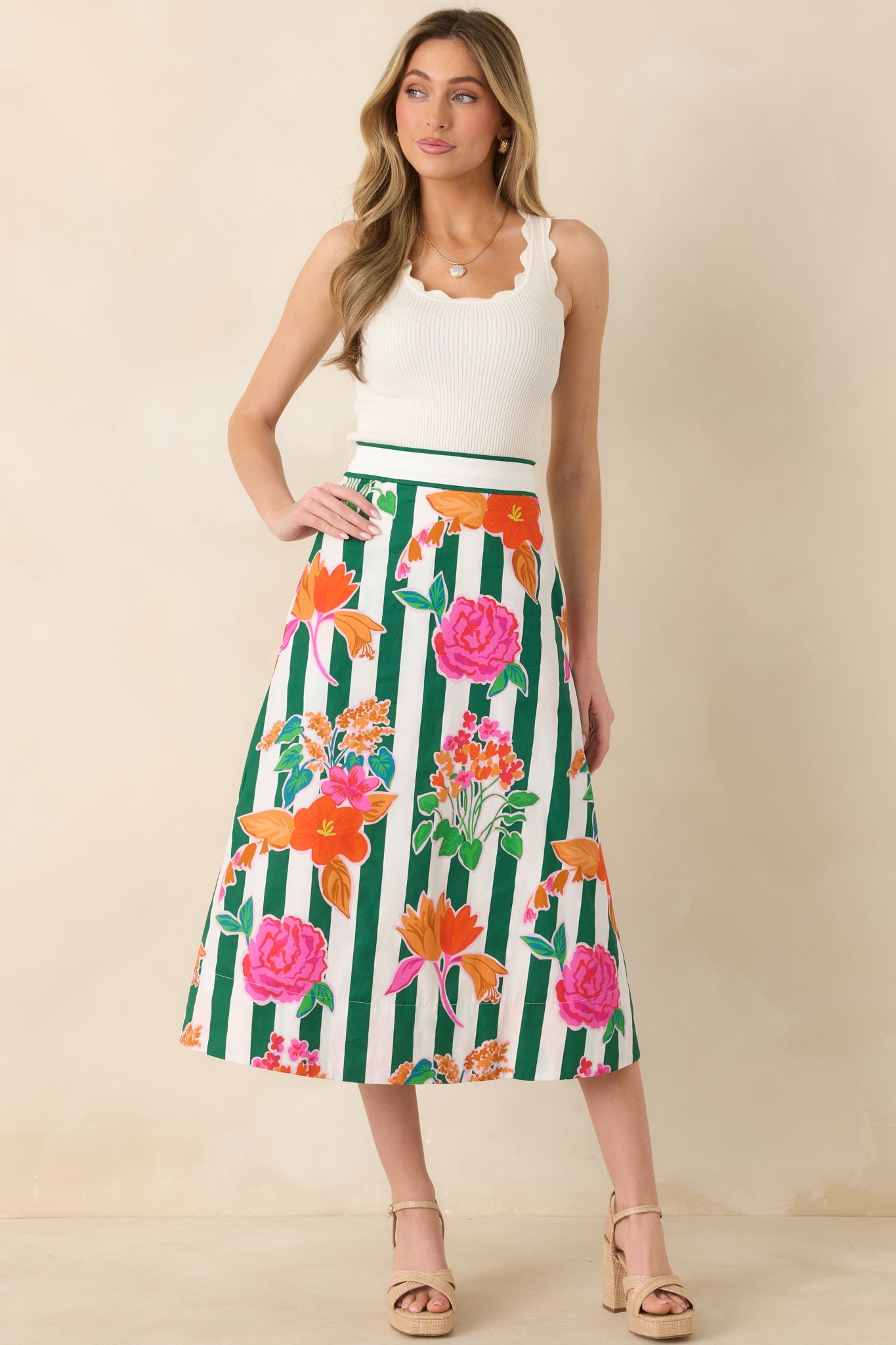 Prosperina Monroe Green Multi Floral Stripe Cotton Midi Skirt