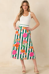 Prosperina Monroe Green Multi Floral Stripe Cotton Midi Skirt