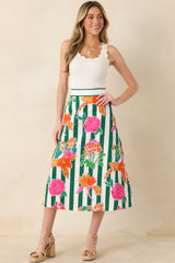 Prosperina Monroe Green Multi Floral Stripe Cotton Midi Skirt