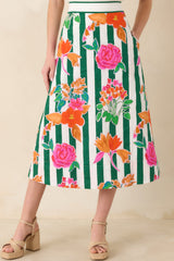 Prosperina Monroe Green Multi Floral Stripe Cotton Midi Skirt