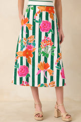 Prosperina Monroe Green Multi Floral Stripe Cotton Midi Skirt