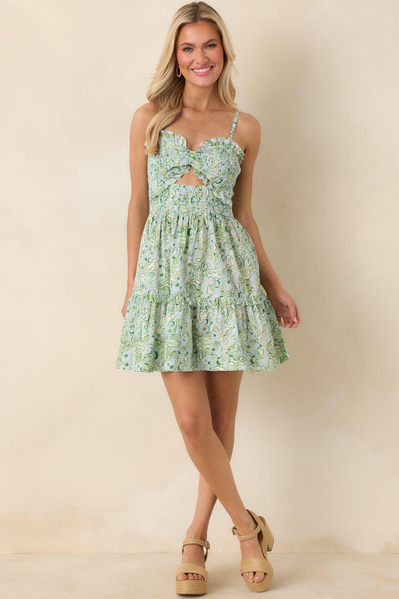 Paradisa Cayo Costa Seaglass Green Ruffled Cut-Out Mini Dress