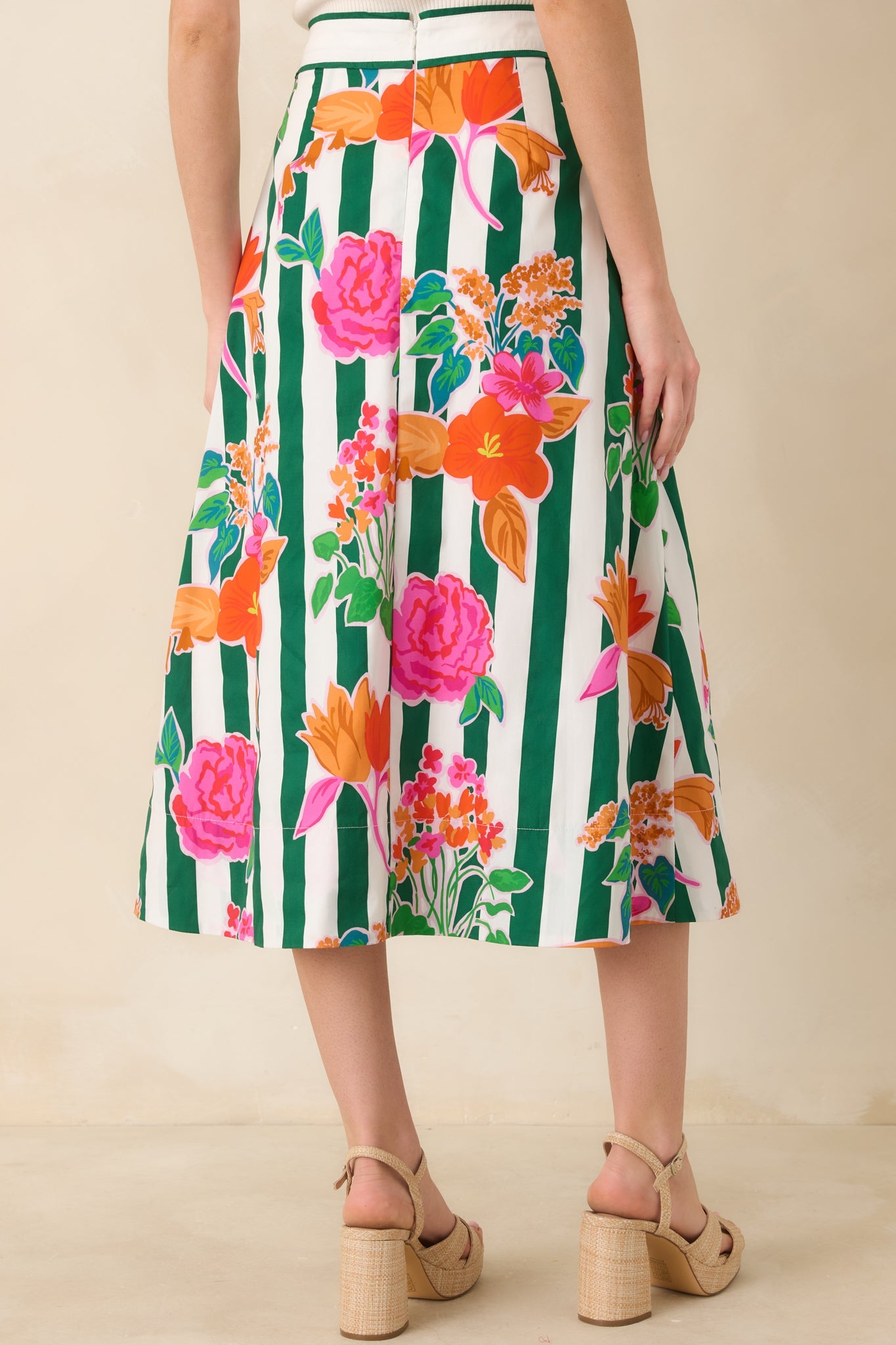 Prosperina Monroe Green Multi Floral Stripe Cotton Midi Skirt