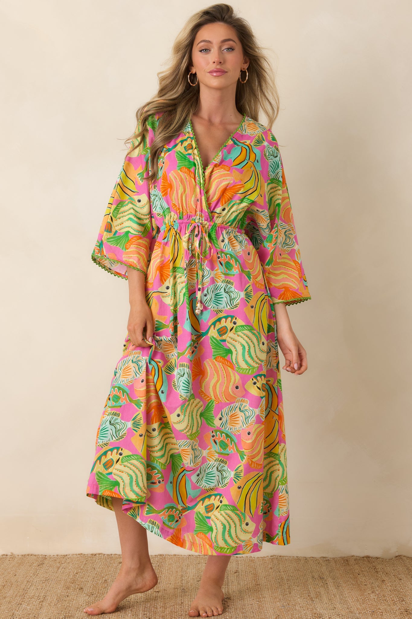 Paradisa Cabana Pink Multi Cotton Fish Print Caftan Dress