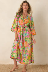 Paradisa Cabana Pink Multi Cotton Fish Print Caftan Dress