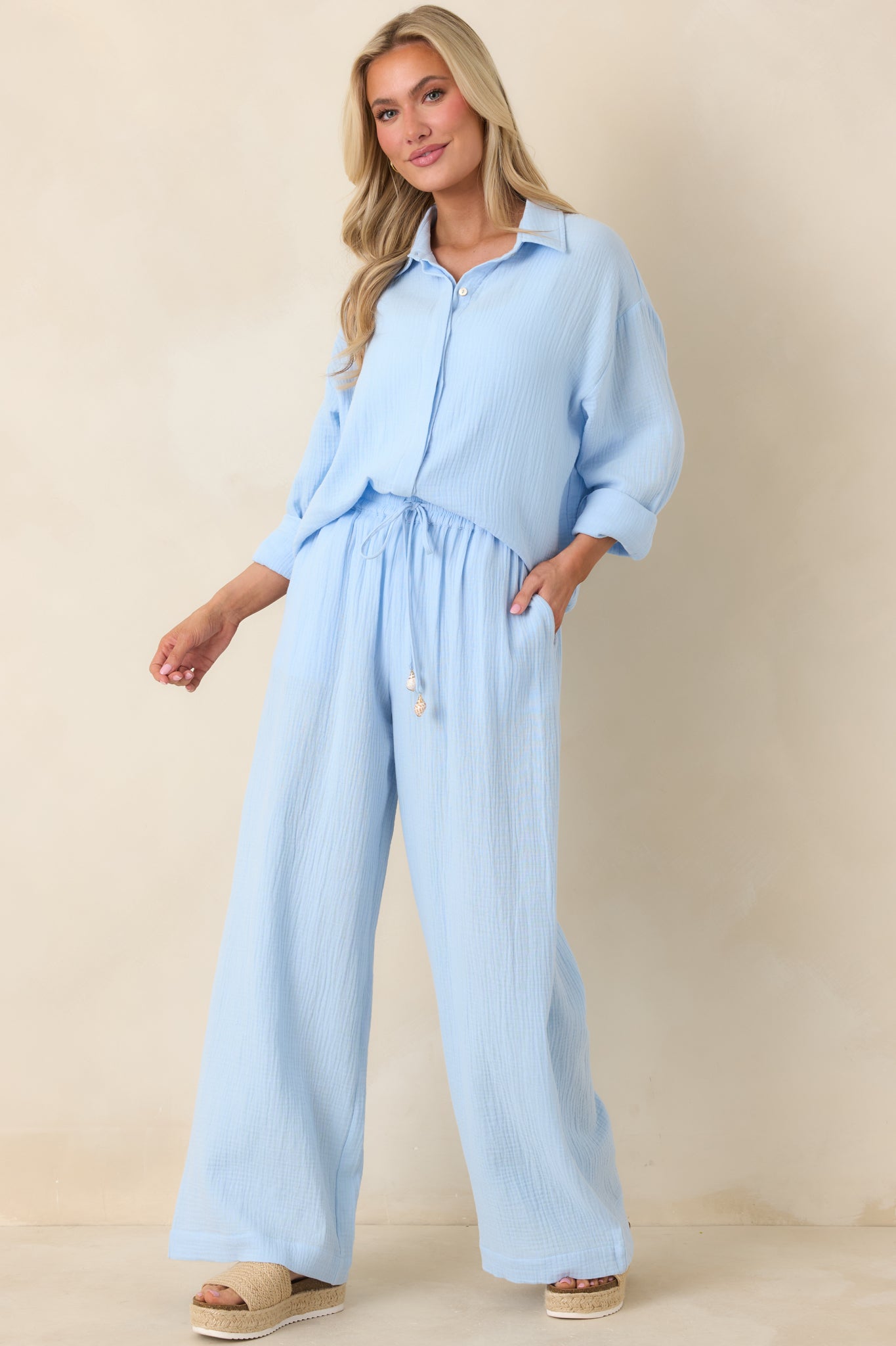 Paradisa Naples Oceana Blue Cotton Button-Up Top