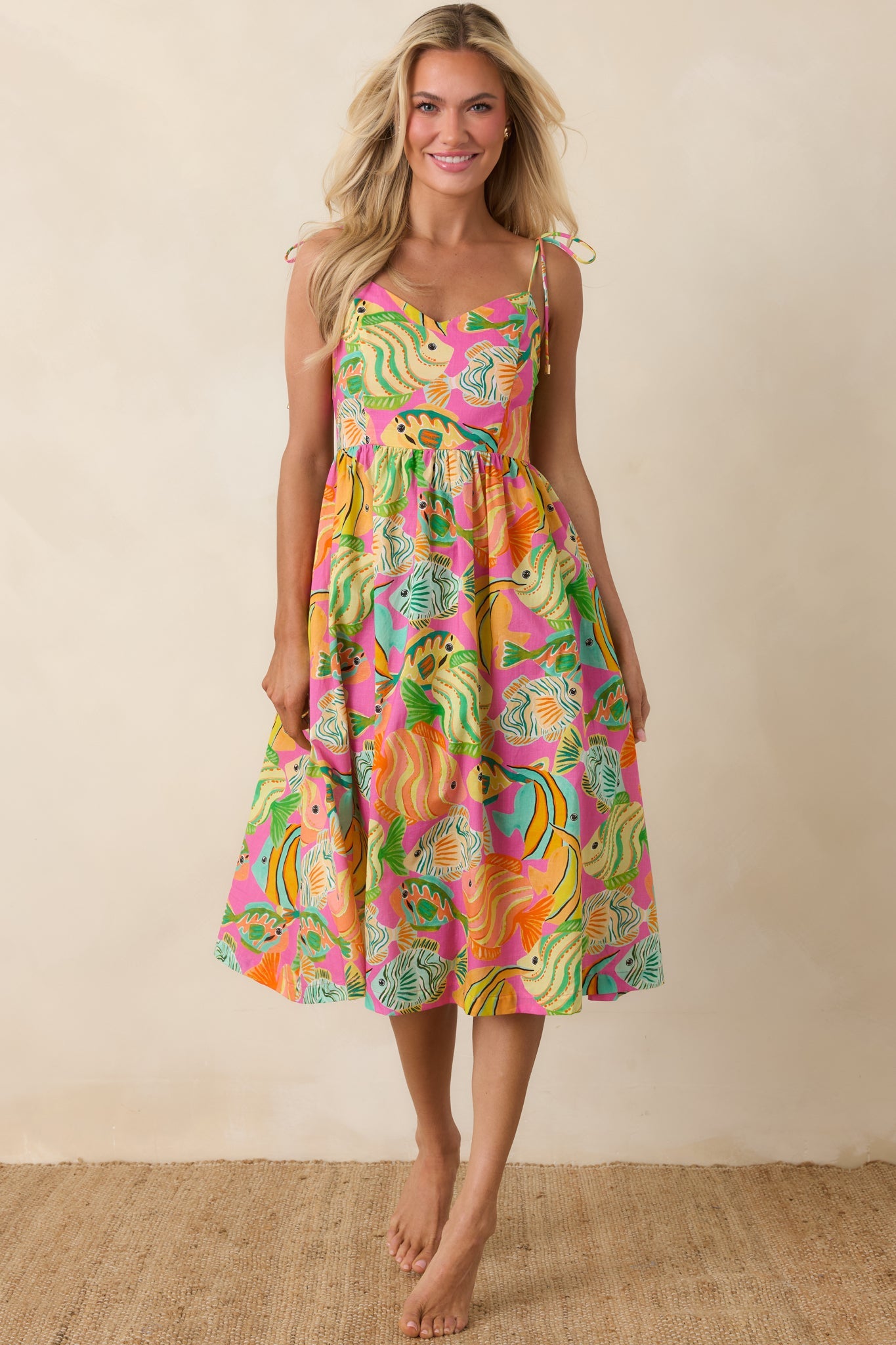 Paradisa Edgewater Pink Multi Cotton Fish Print Midi Dress