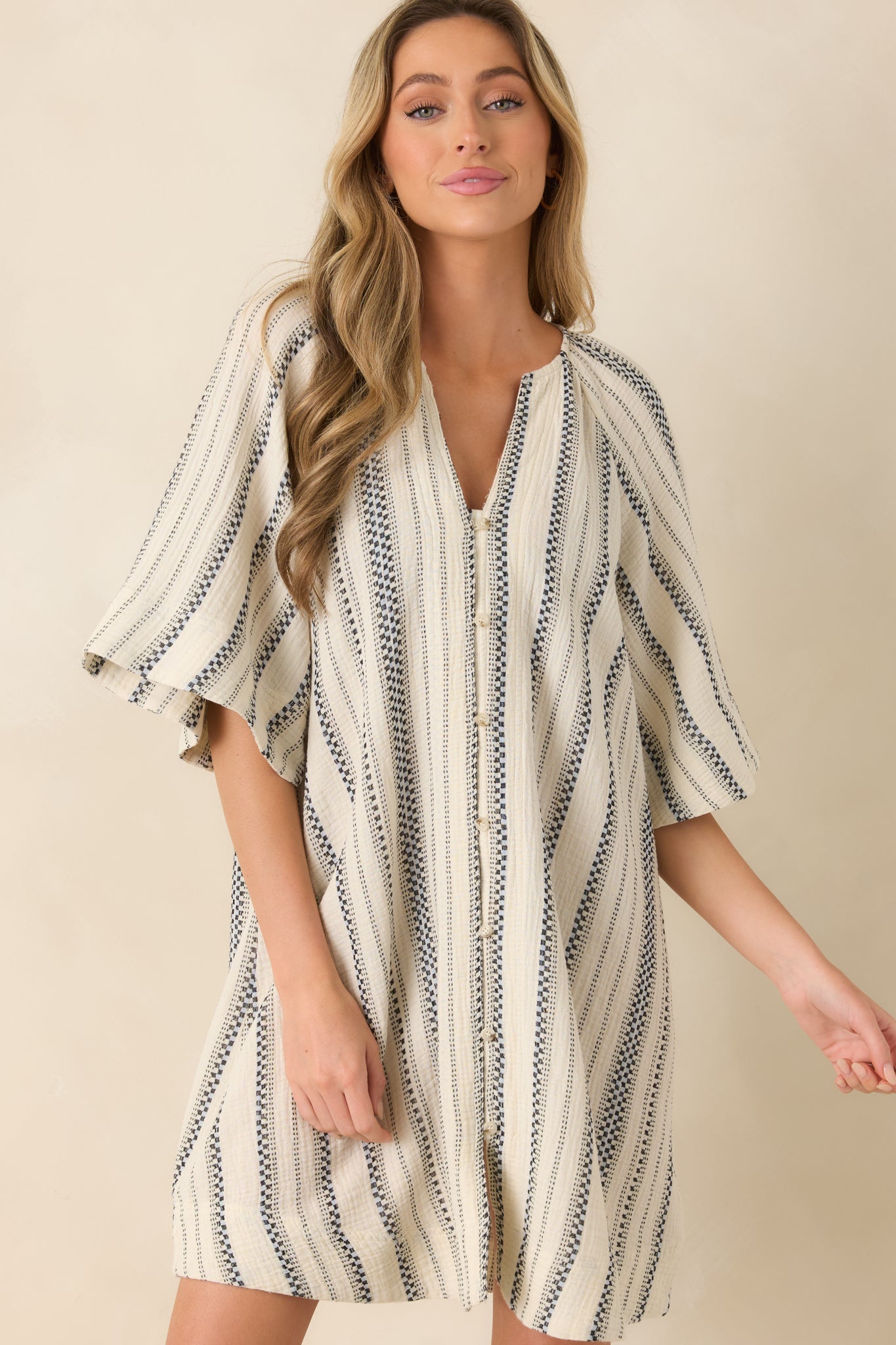 FRNCH Noronha Ivory & Black Stripe Cotton Mini Dress