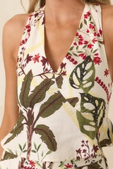 Aylaya Kinsley Deep Red & Moss Green Multi Tropical Print Halter Top
