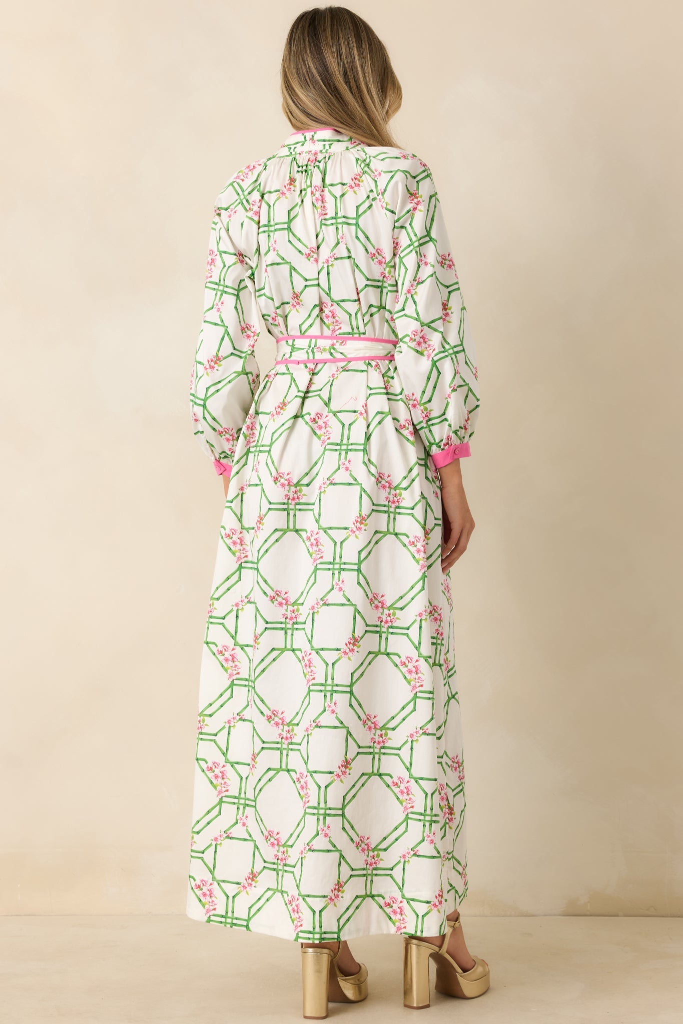 Prosperina Corinne White Multi Floral Trellis Cotton Maxi Dress