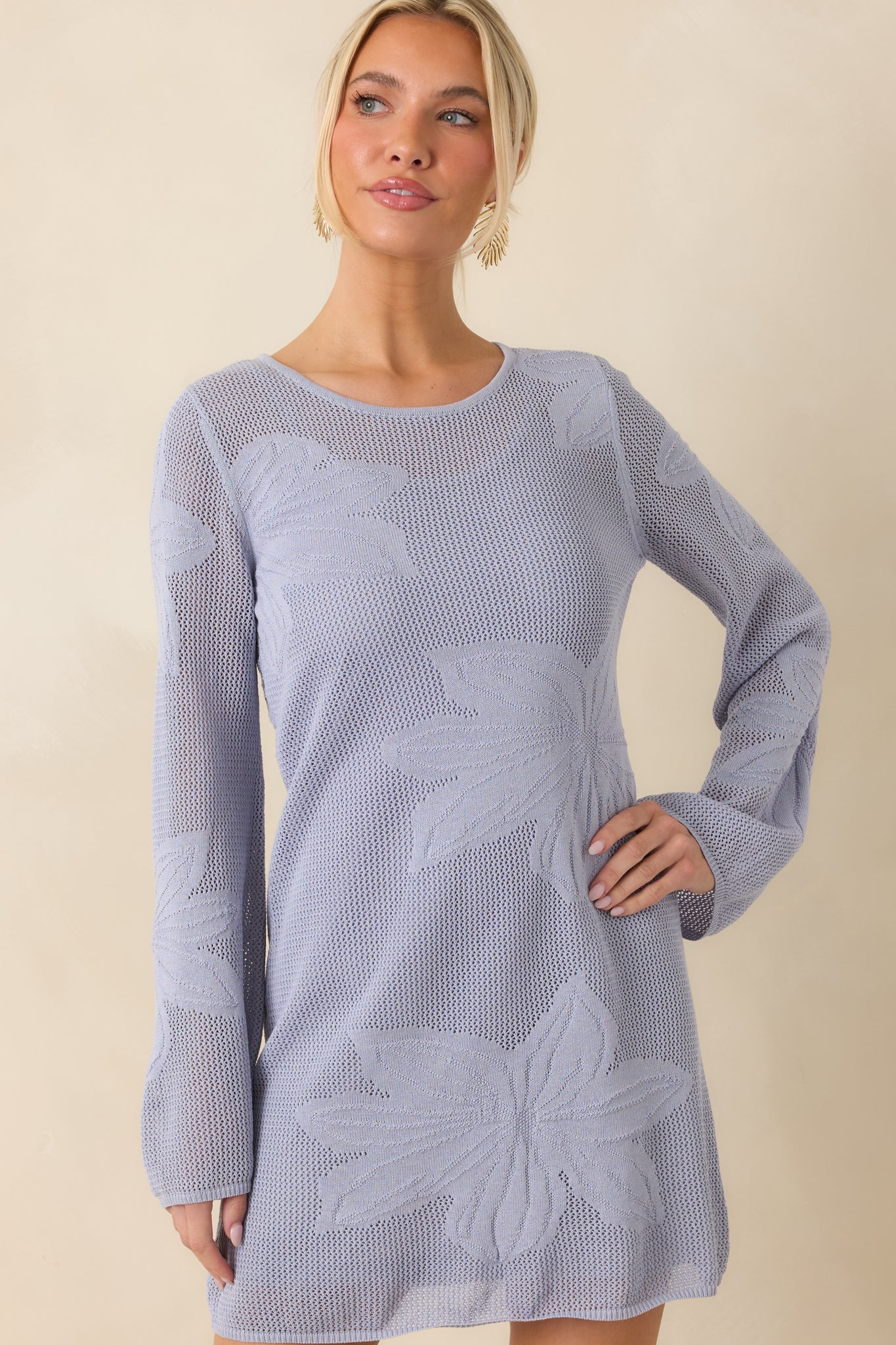 Sheer Bliss Dusty Blue Floral Open Knit Mini Dress