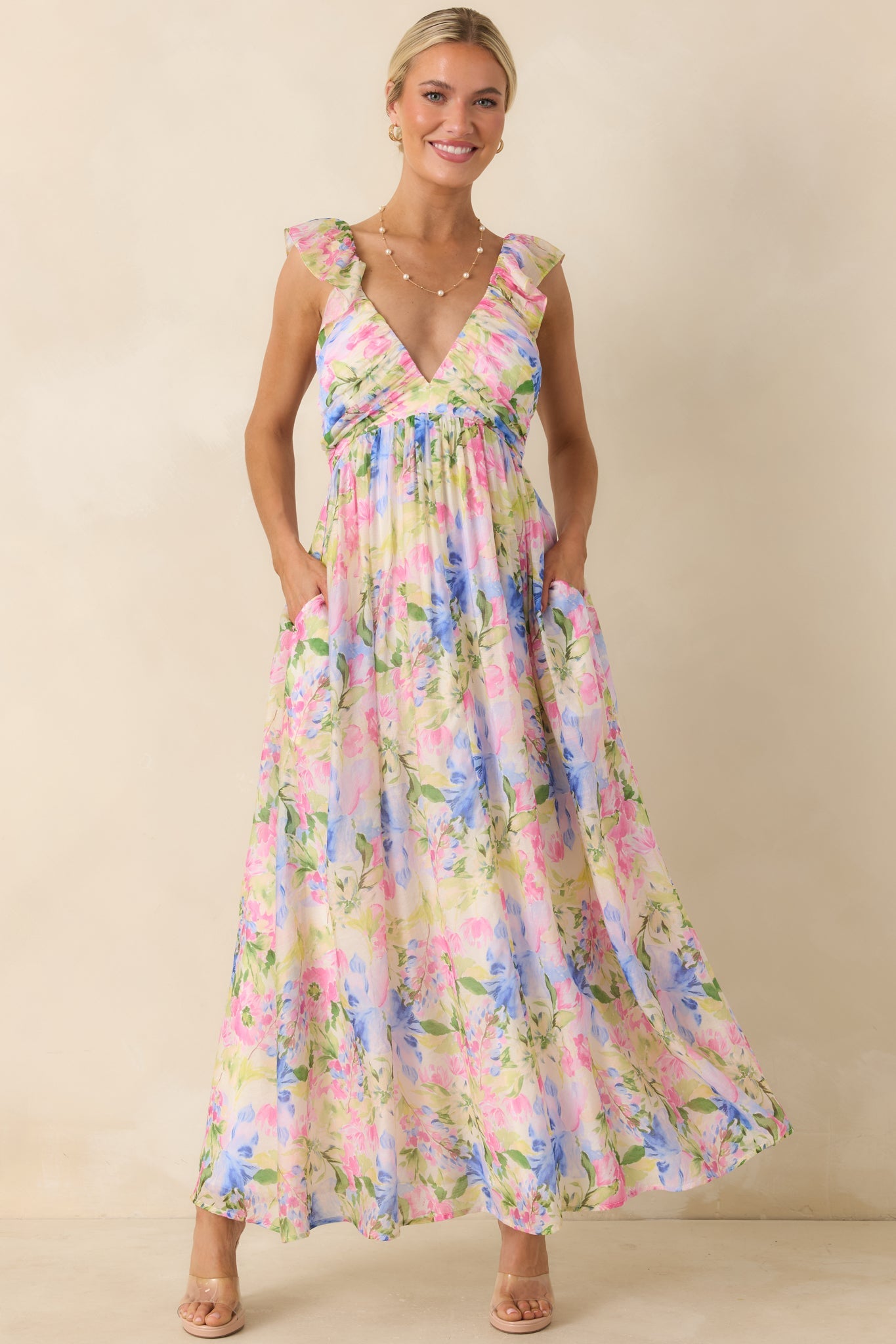 MINKPINK Celina Multi Watercolor Floral Ruffle Maxi Dress
