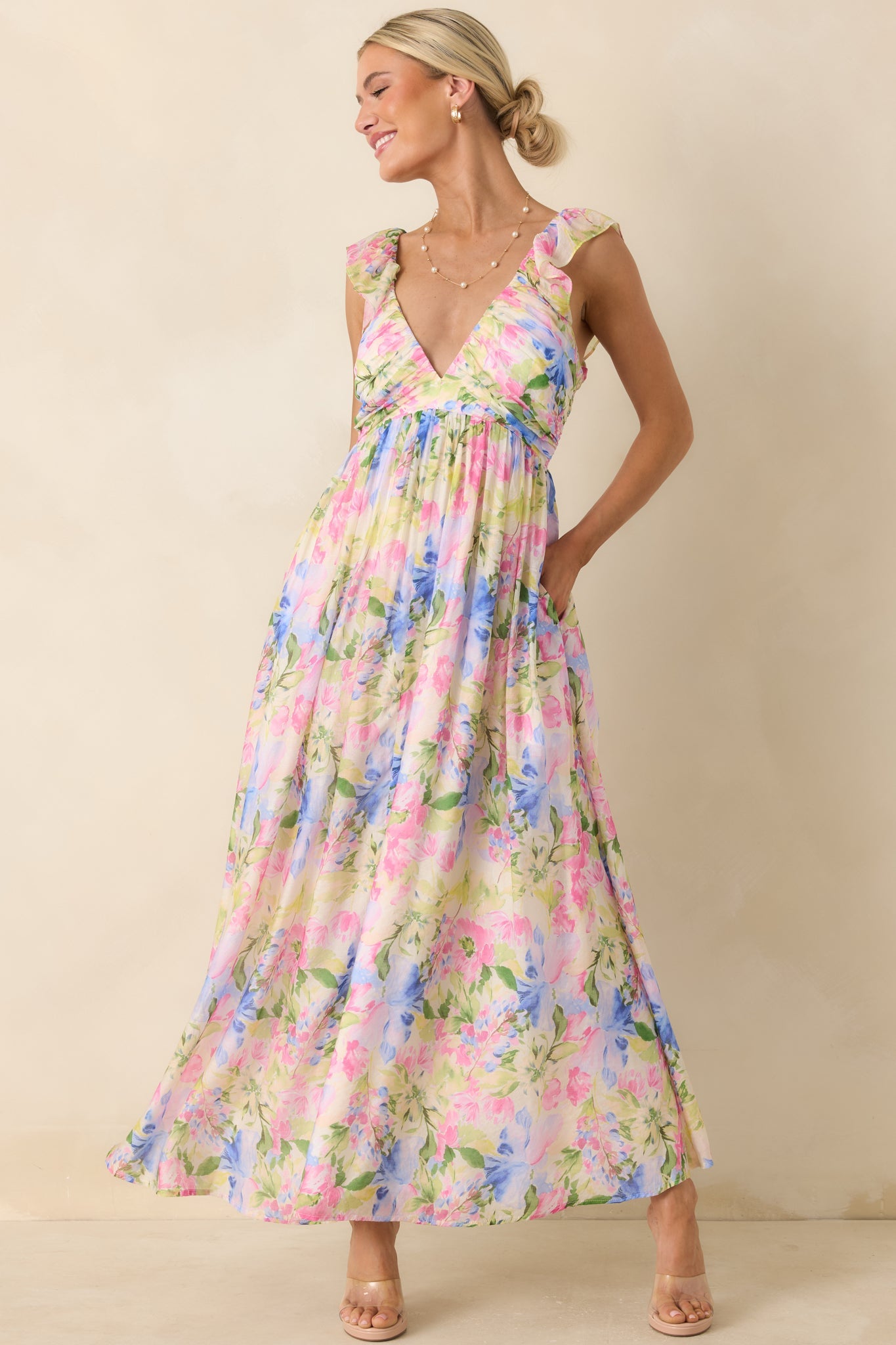 MINKPINK Celina Multi Watercolor Floral Ruffle Maxi Dress
