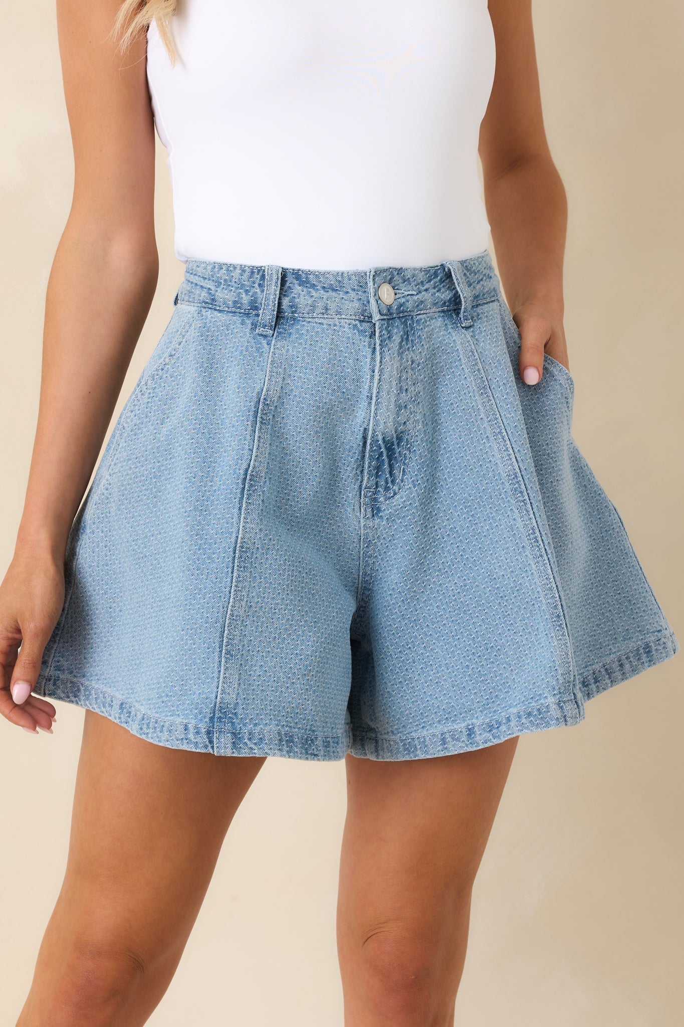 FRNCH Khoi Light Wash Textured Cotton Denim Shorts