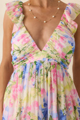 MINKPINK Celina Multi Watercolor Floral Ruffle Maxi Dress