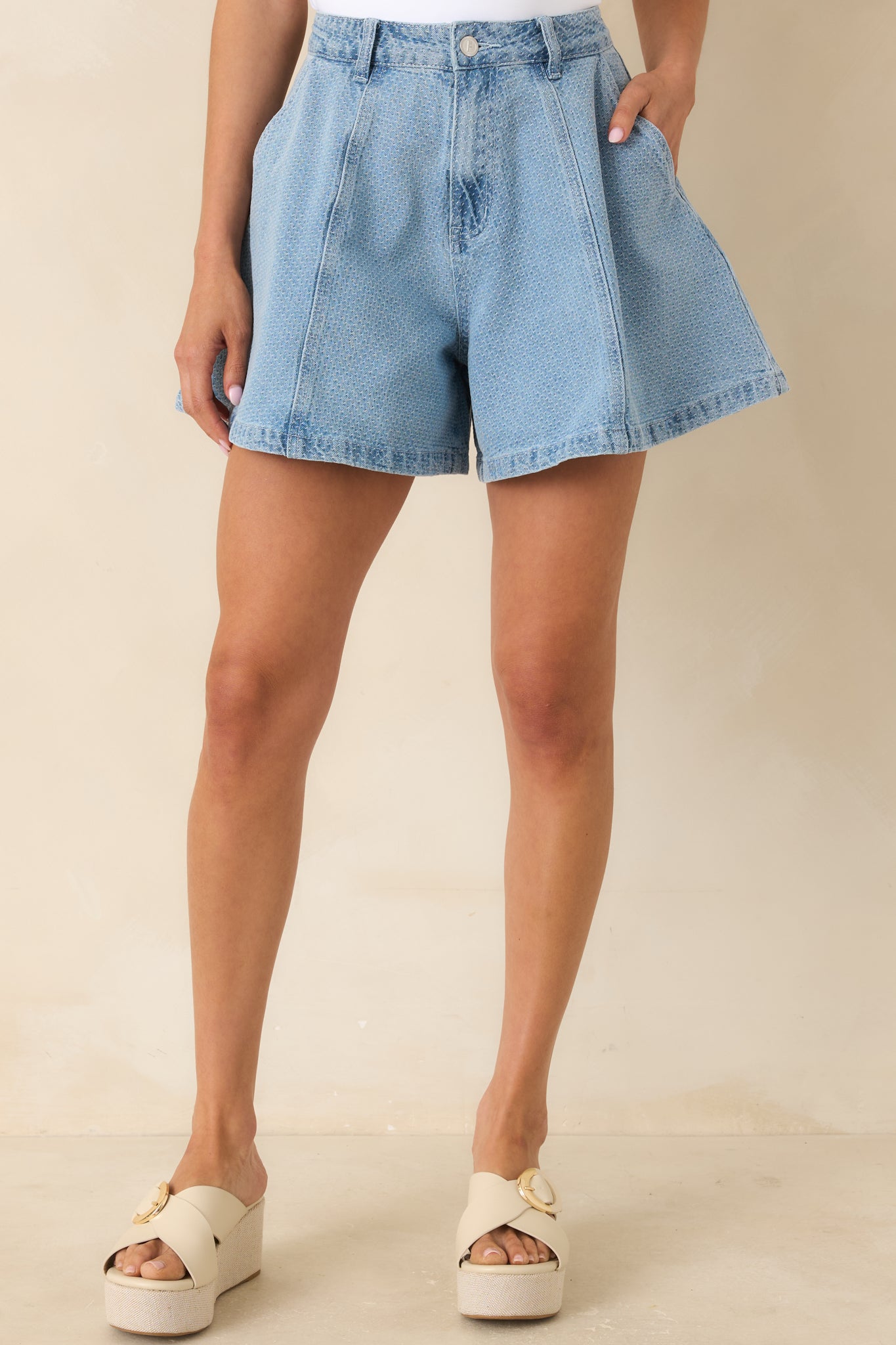 FRNCH Khoi Light Wash Textured Cotton Denim Shorts