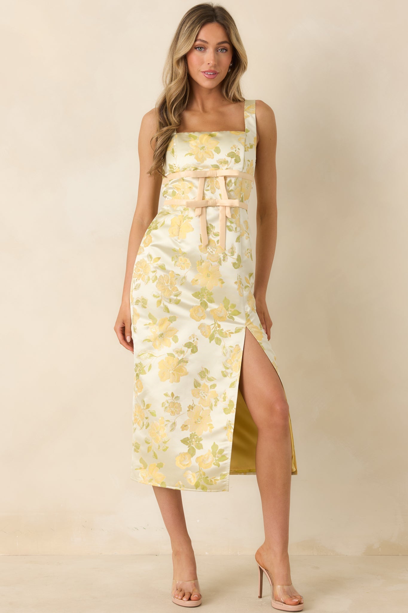 Golden Daydream Pale Yellow Floral Satin Midi Dress