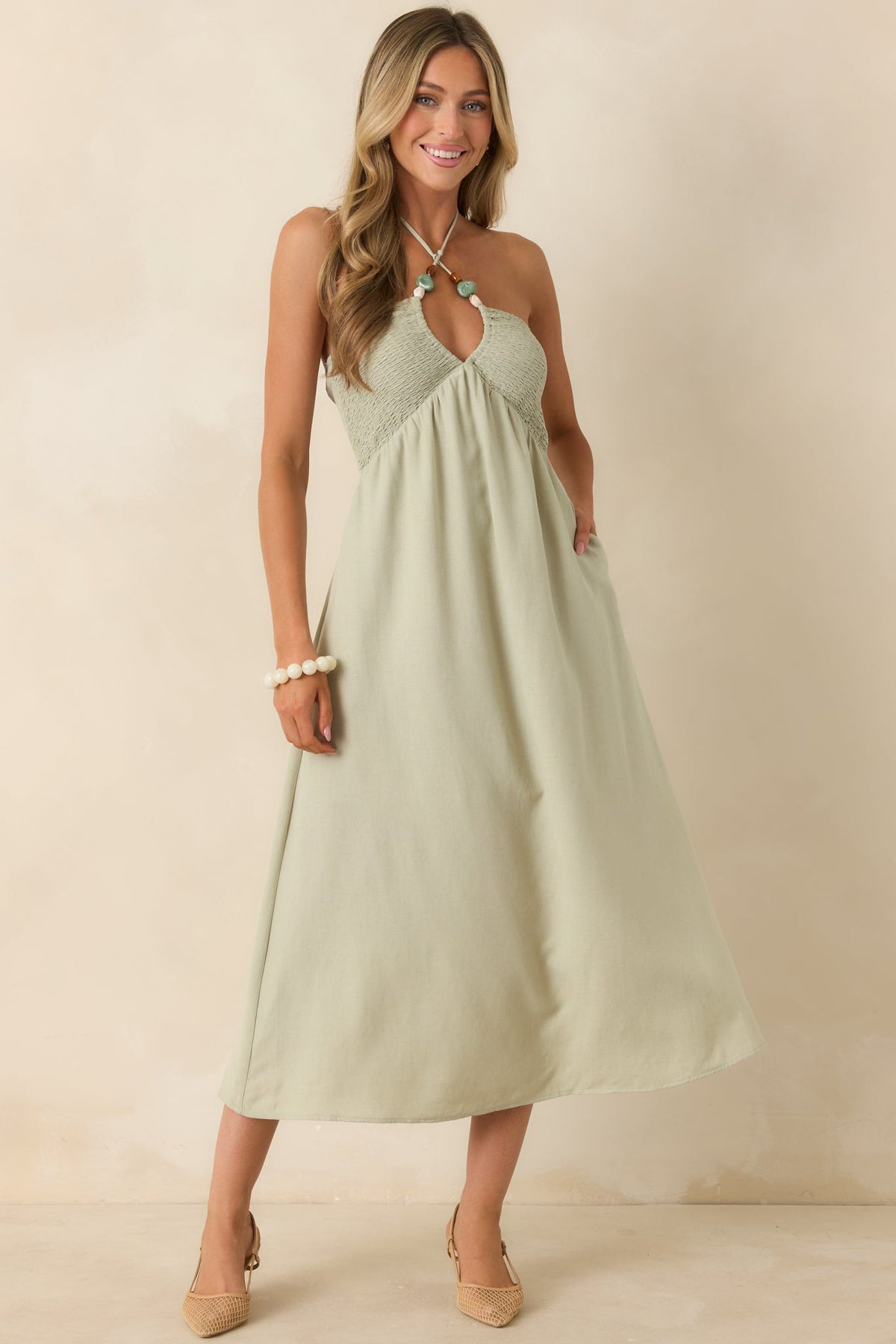 Life is But a Dream Sage Green Beaded Halter Midi Dress