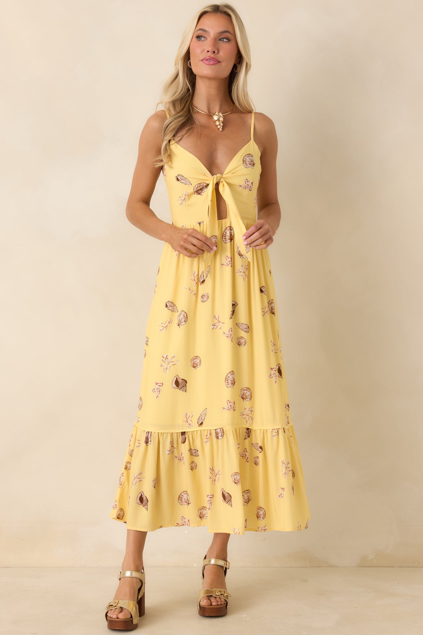MINKPINK Marisol Yellow Seashell Print Front-Tie Midi Dress