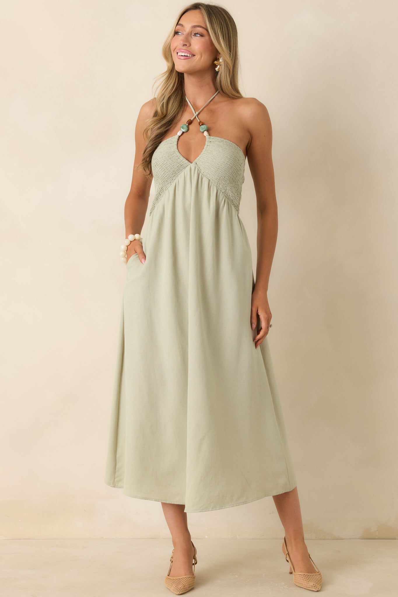 Life is But a Dream Sage Green Beaded Halter Midi Dress