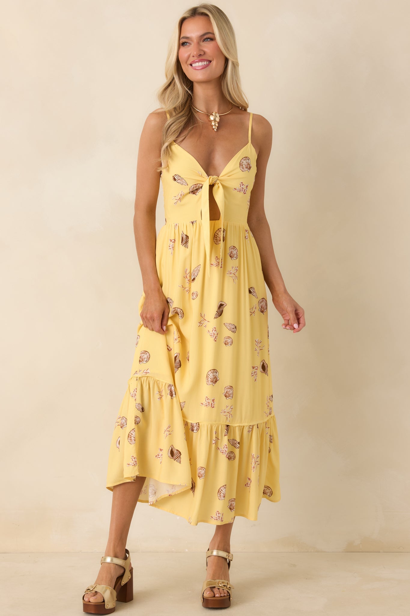 MINKPINK Marisol Yellow Seashell Print Front-Tie Midi Dress