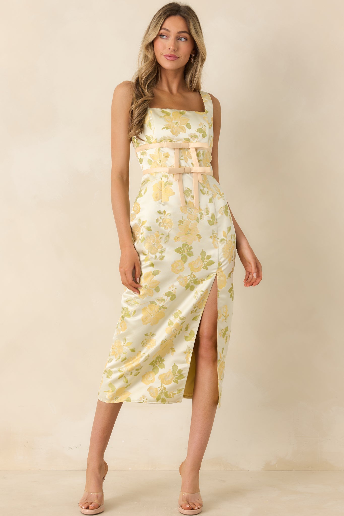 Golden Daydream Pale Yellow Floral Satin Midi Dress
