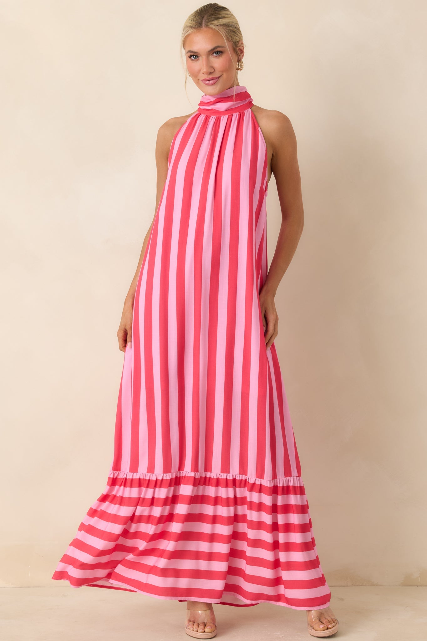Make Your Move Fuchsia & Light Pink Stripe Halter Maxi Dress