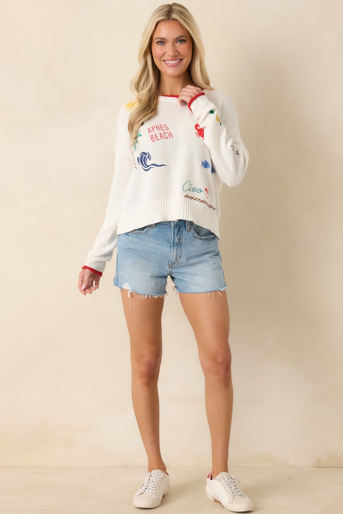 Z Supply Sienna White Multi Knit Cotton Seas The Day Sweater