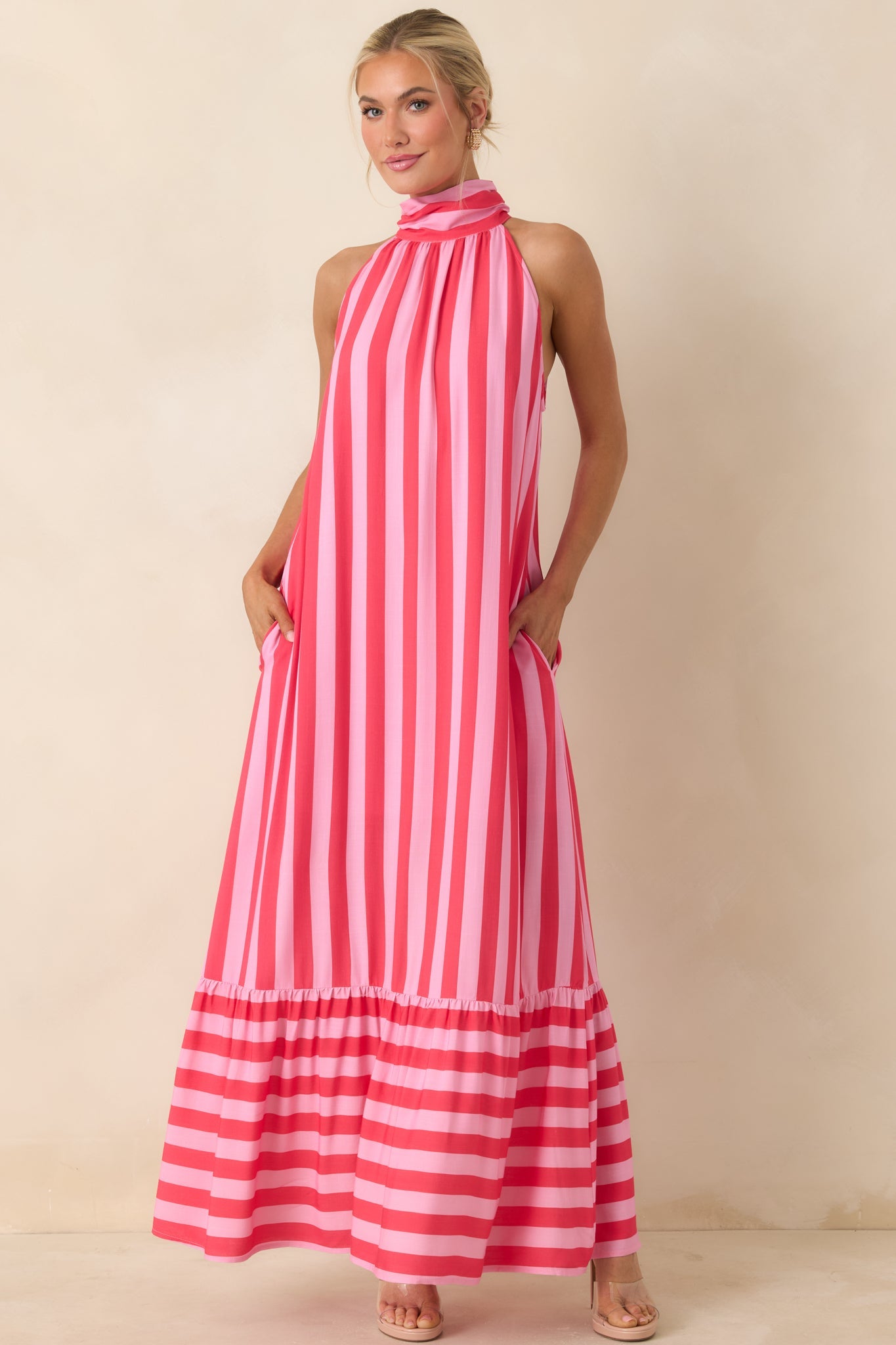 Make Your Move Fuchsia & Light Pink Stripe Halter Maxi Dress