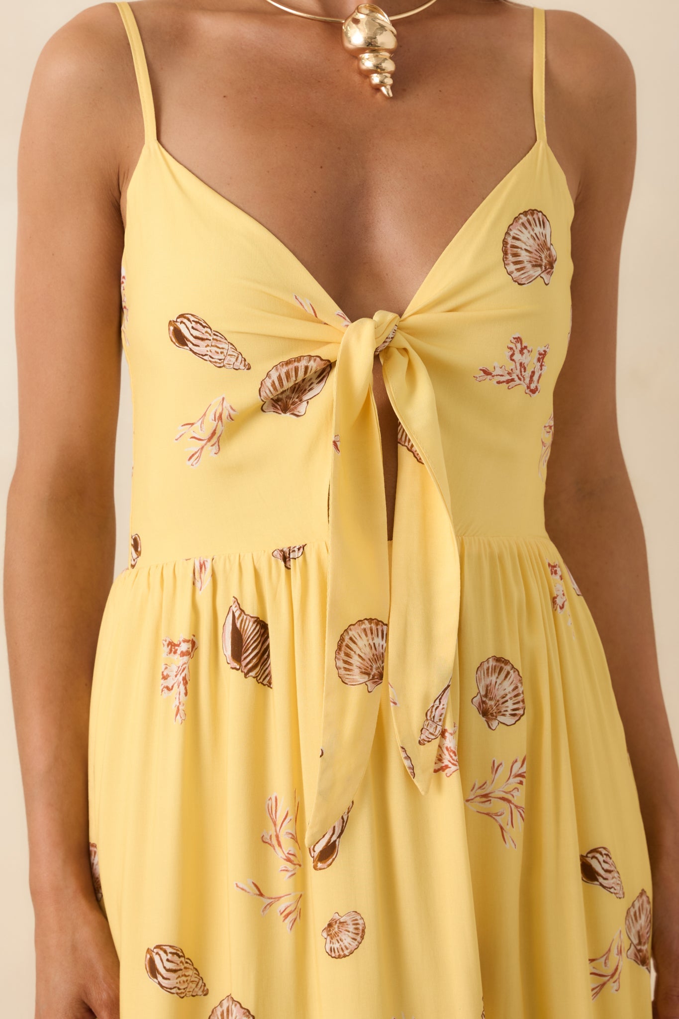 MINKPINK Marisol Yellow Seashell Print Front-Tie Midi Dress