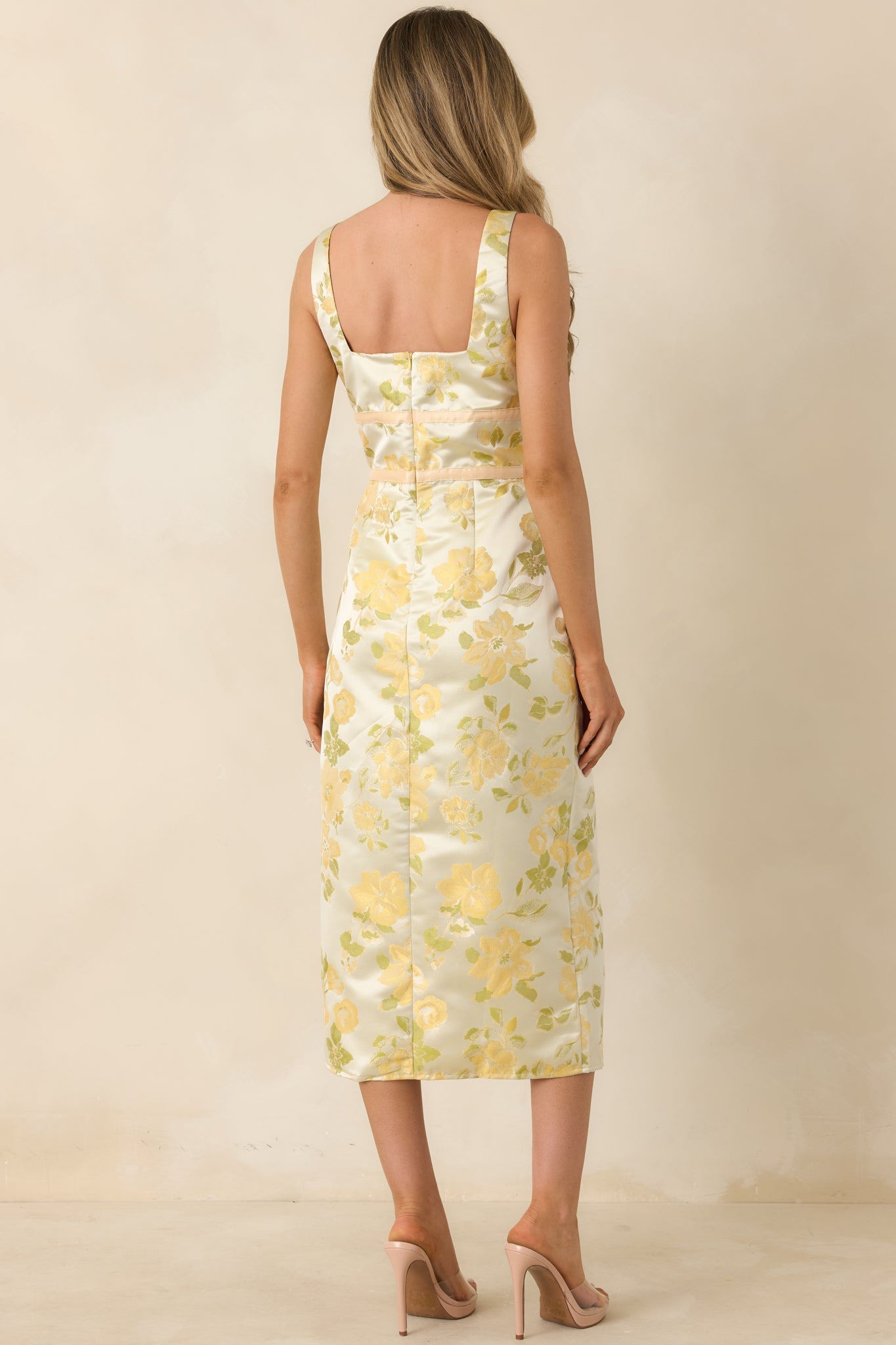 Golden Daydream Pale Yellow Floral Satin Midi Dress