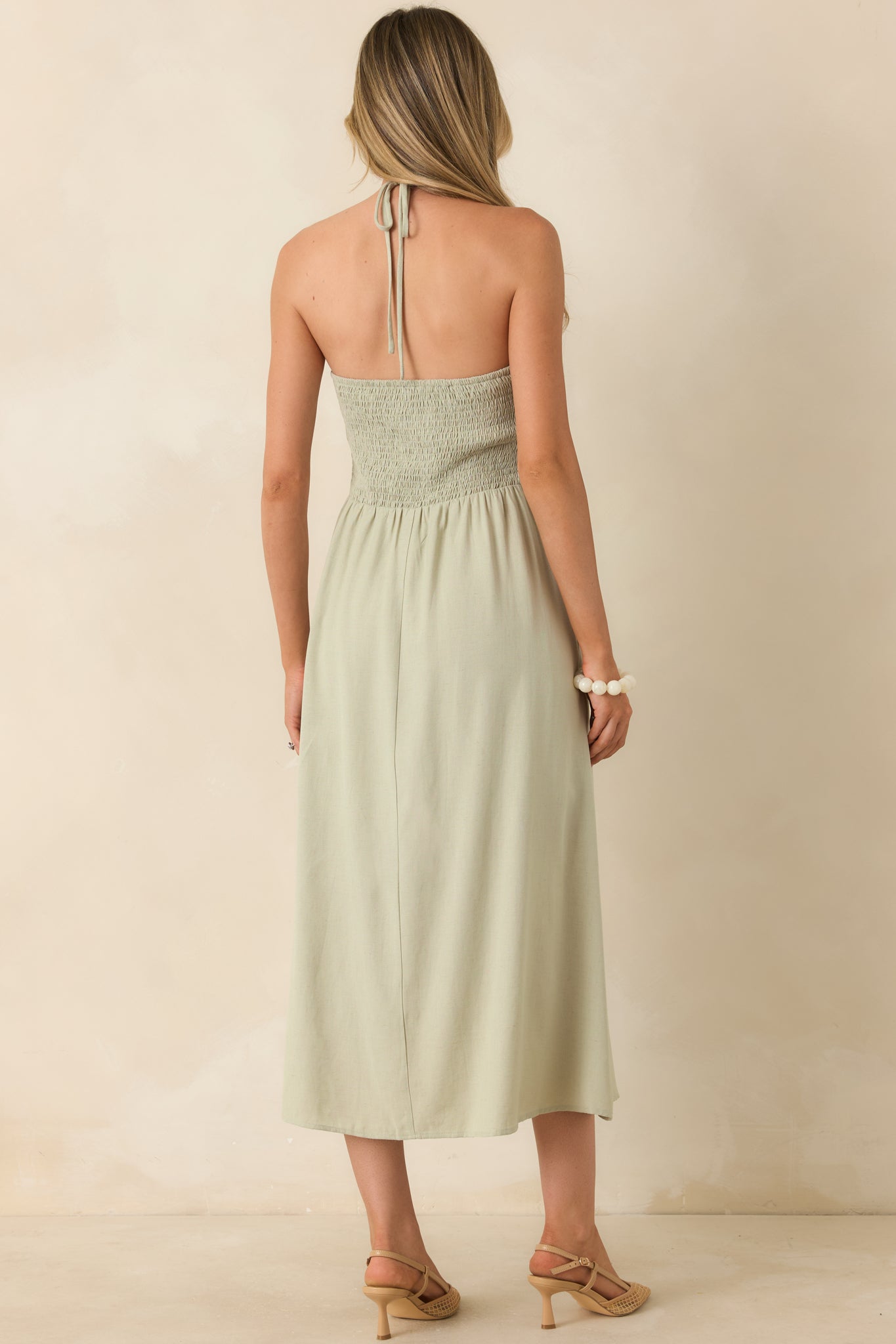 Life is But a Dream Sage Green Beaded Halter Midi Dress