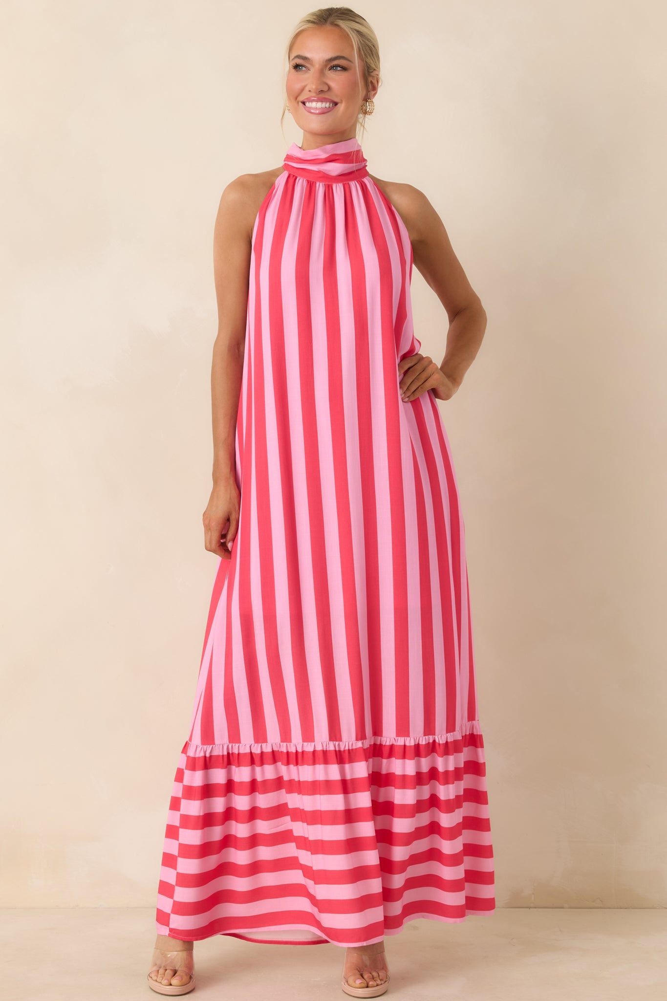 Make Your Move Fuchsia & Light Pink Stripe Halter Maxi Dress