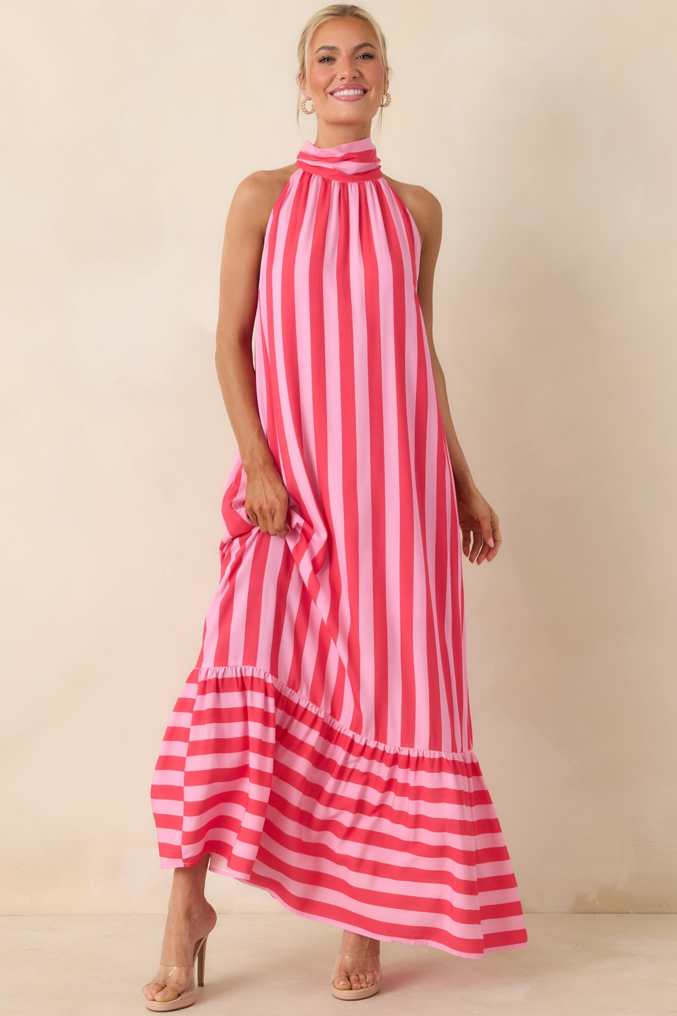 Make Your Move Fuchsia & Light Pink Stripe Halter Maxi Dress