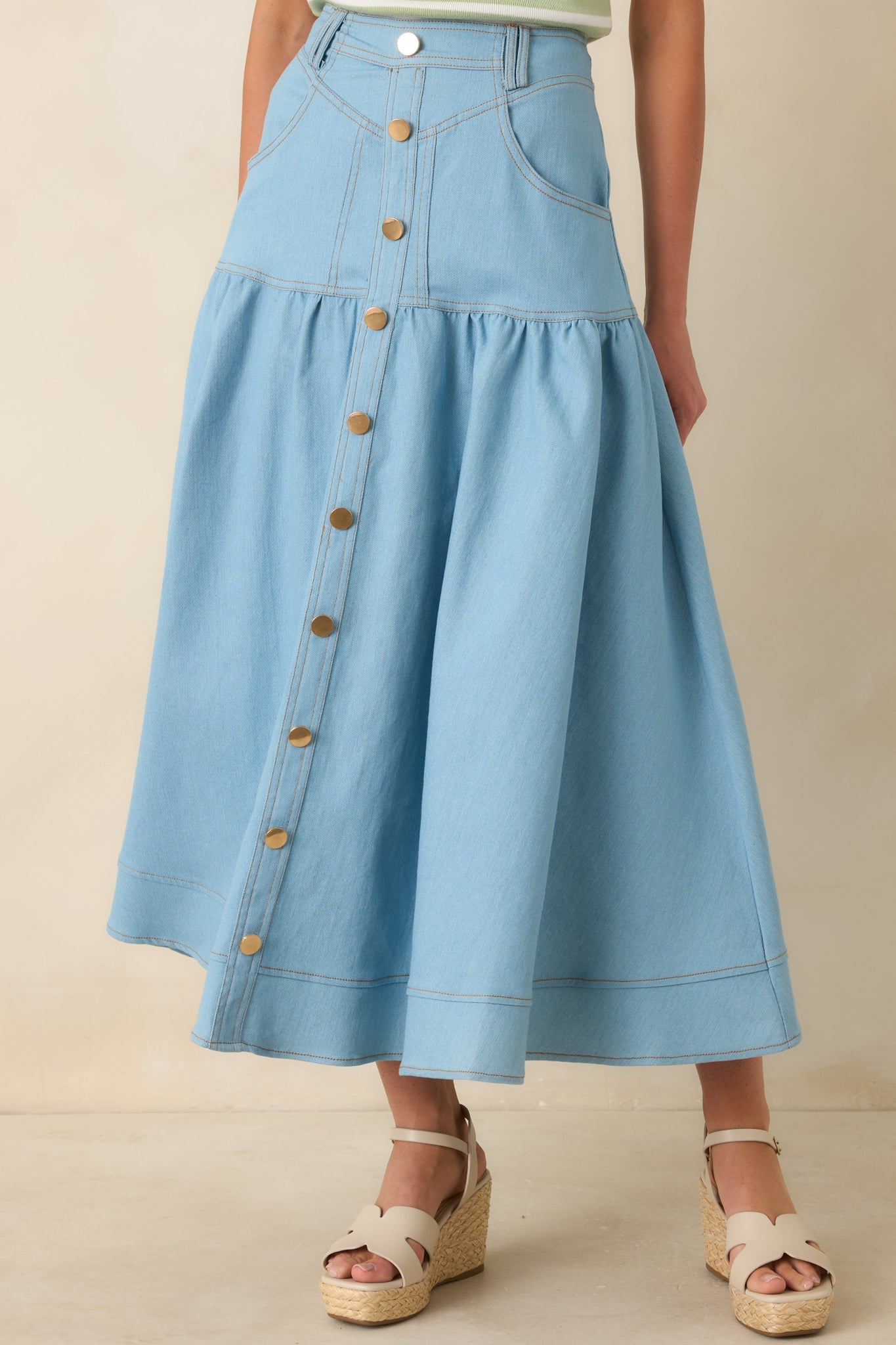 Town & Country Light Wash Denim Button-Down Maxi Skirt