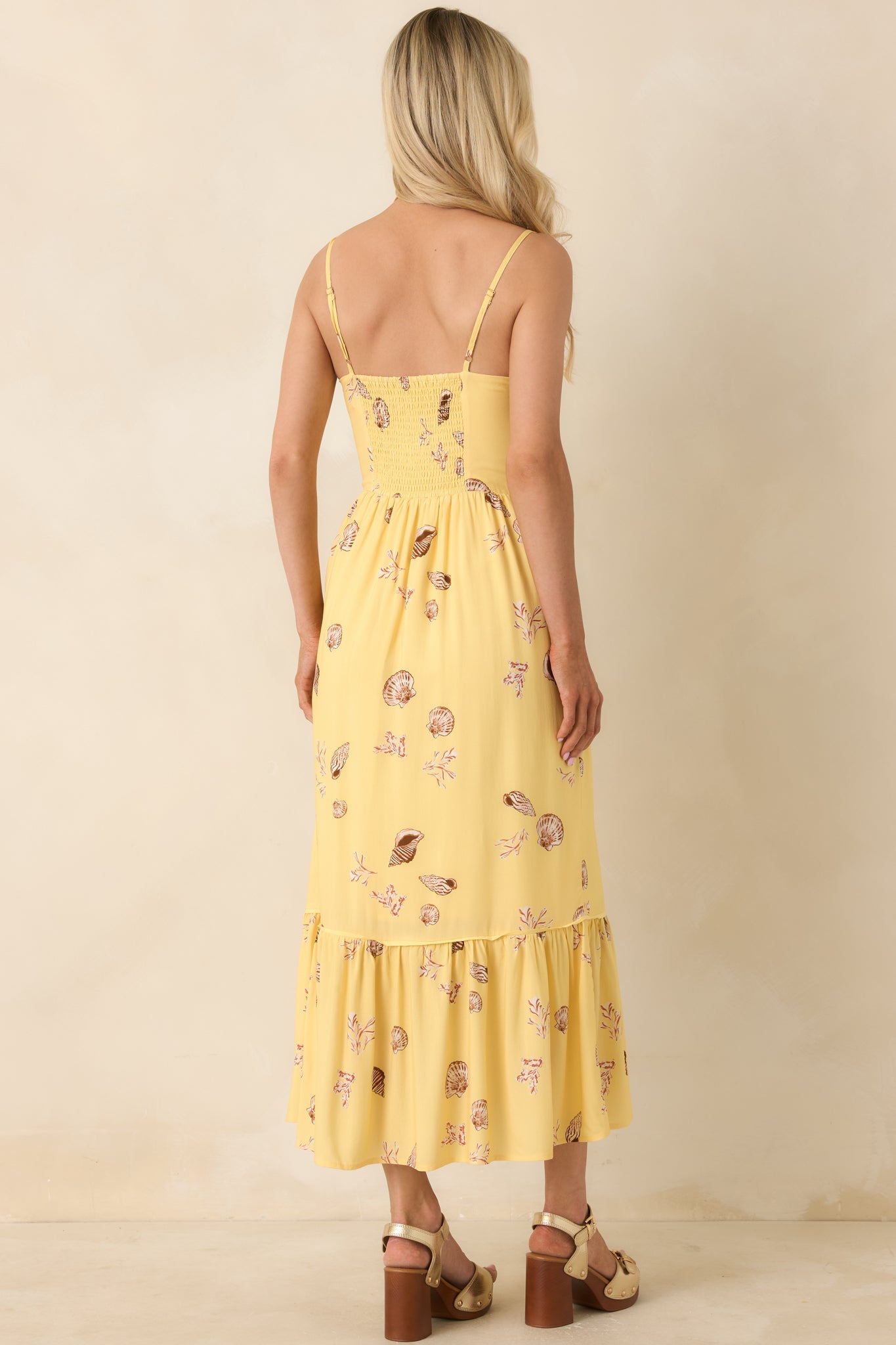 MINKPINK Marisol Yellow Seashell Print Front-Tie Midi Dress