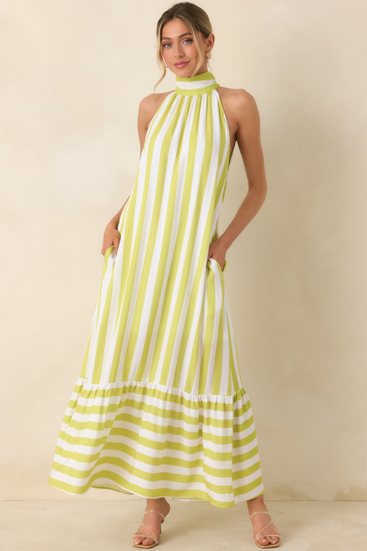 Make Your Move Chartreuse Green & White Stripe Halter Maxi Dress