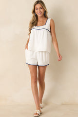 Picnic Table Stories Ivory & Navy Contrast Stitch Shorts