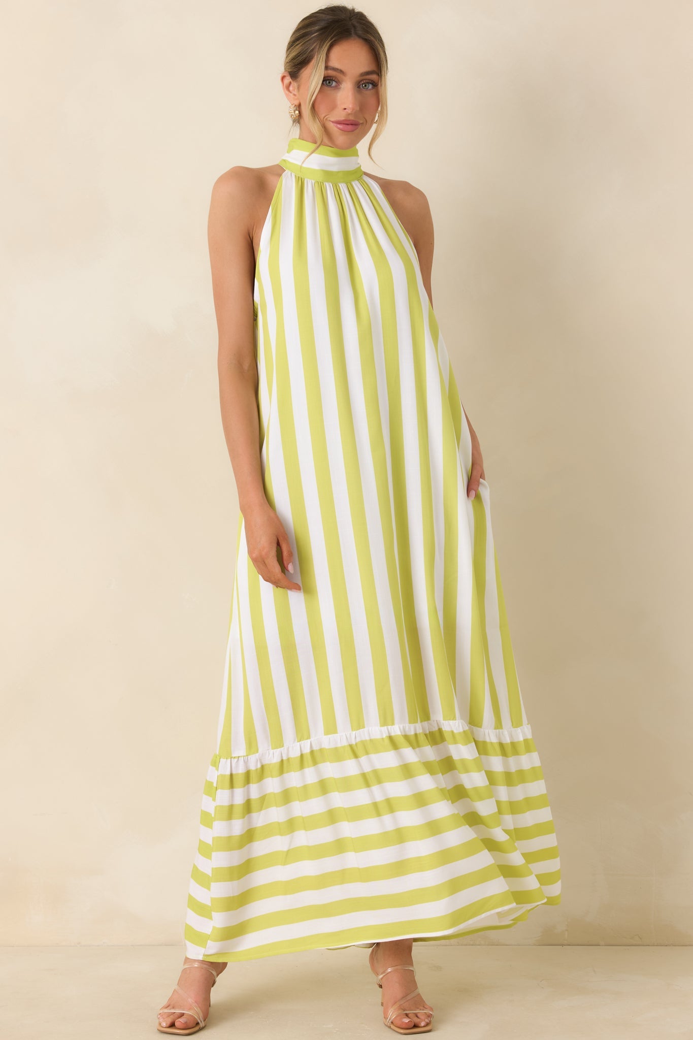 Make Your Move Chartreuse Green & White Stripe Halter Maxi Dress